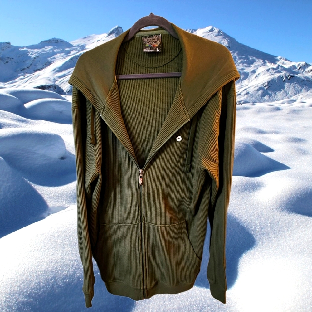 South Pole Solid Color Khaki Green Casual Hooded Knitted Sweater (Size L)